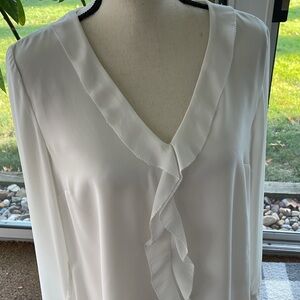 Serein White Ruffled Long Sleeve Deep V Neckline Dressy  Blouse Top Size Medium